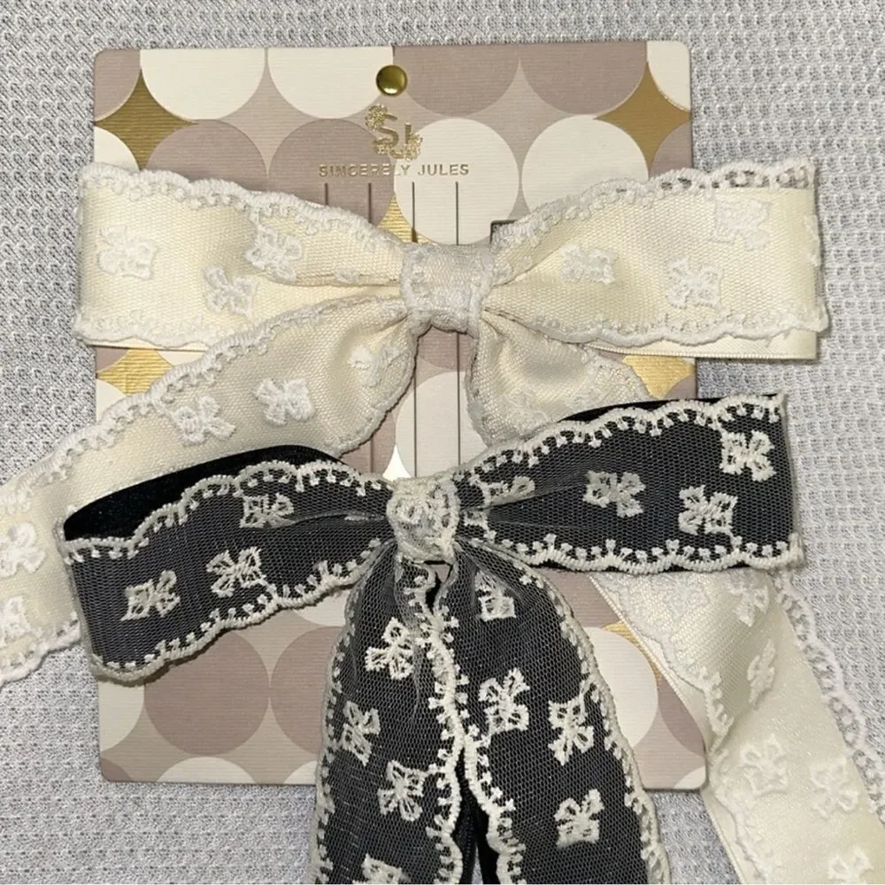 SJ Ivory White Black Ivory Satin Floral Lace Bow Tie Clips Set of 2